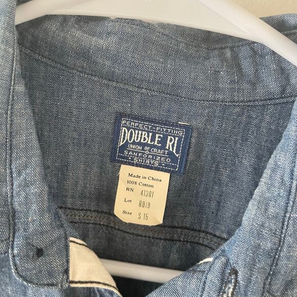 RRL Double RL Work Shirt Mens Small 15" Denim Chambray Blue Cotton Long Sleeve - Picture 7 of 12